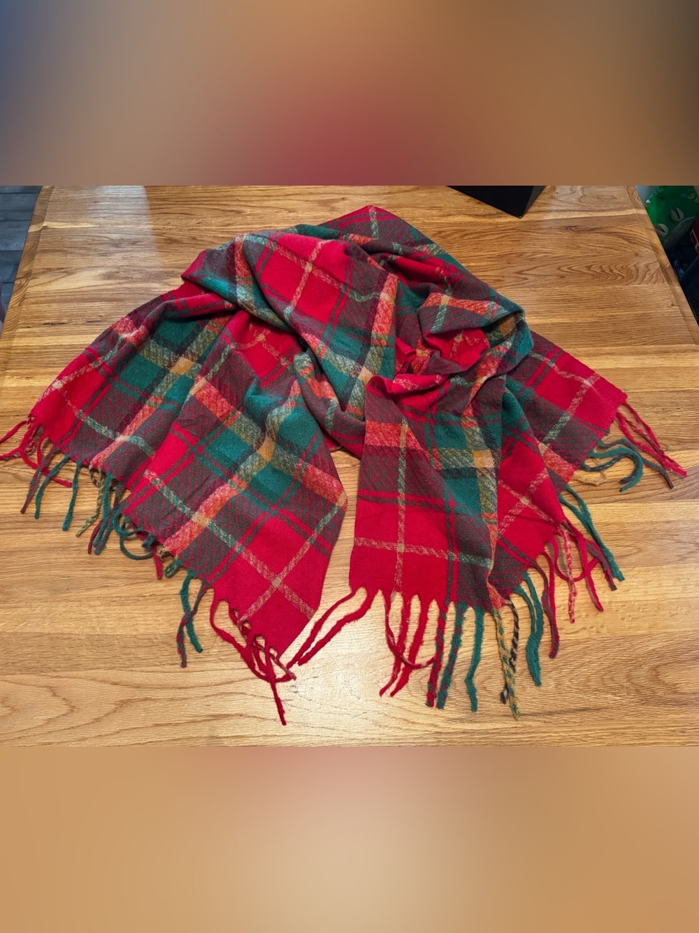 Red & Green Plaid Fringe Scarf 25x69 very soft holiday Christmas